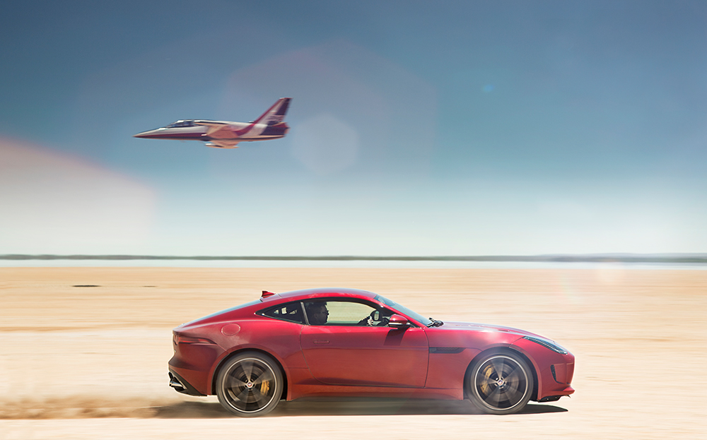 Jaguar AWD F-type R Coupe vs jet aeroplane in Bloodhound SSC radio test