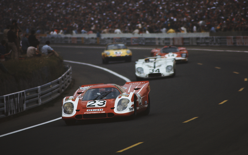 The #23 Porsche Konstruktionen KG Porsche 917K driven by Richard Attwood and Hans Herrmann during the World Sportscar Championship 24 Hours of Le Mans race on 13th June 1970 at the Circuit de la Sarthe, Le Mans, France. (Photo by Rainer W. Schlegelmilch/Getty Images)