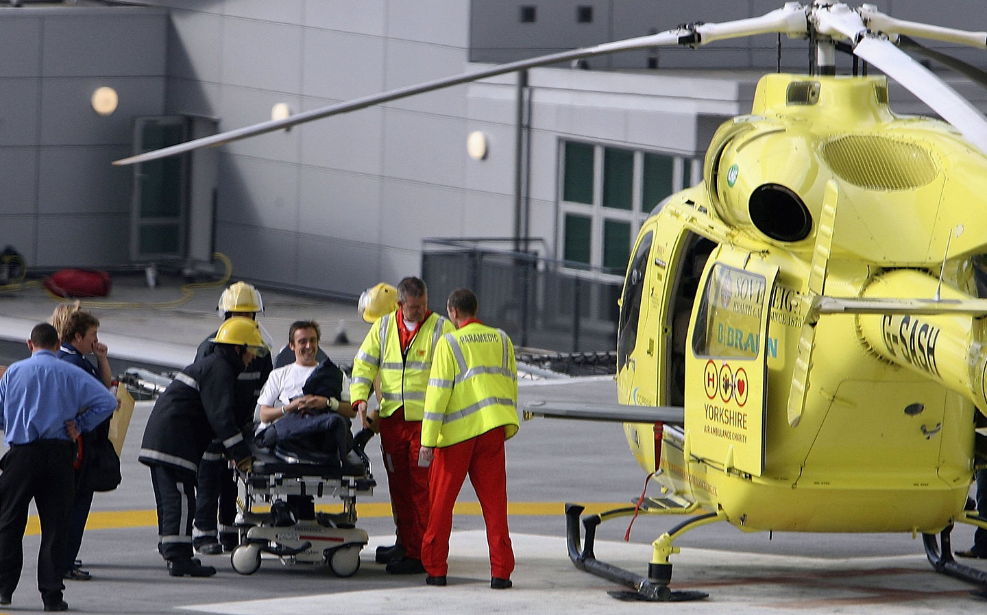 Top Gear presenter Richard Hammond is transferred from Leeds General Infirmary by the Yorkshire Air Ambulance to an unknown destination on 28 September 2006. Hammond was seriously injured from a crash in a jet-powered car on an airfield near York while filming Top Gear.