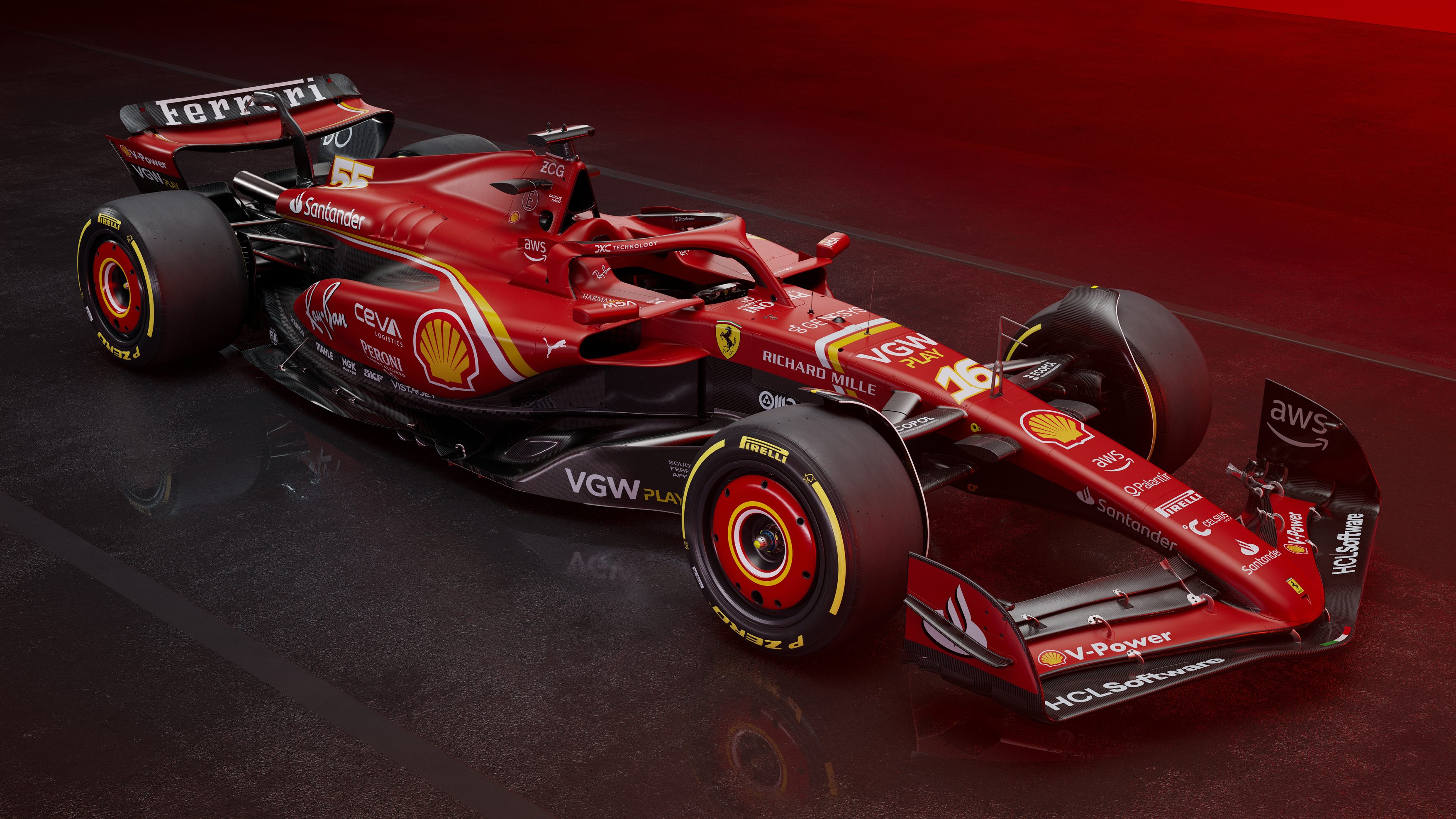 2024 Ferrari SF-24 F1 car launch studio photo front 3/4