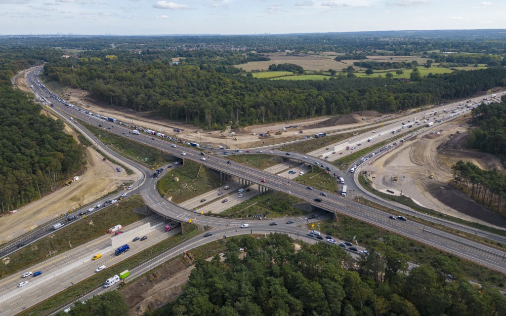 Roadworks at the National Highways project to improve the Wisely interchange at junction 10 on the M25 motorway in Wisley, UK, on Monday, Sept. 11, 2023. The Office for National Statistics are due to release the latest UK GDP figures on Wednesday. Photographer: Jason Alden/Bloomberg via Getty Images