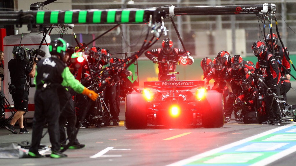 JEDDAH, SAUDI ARABIA - MARCH 09: Nico Hulkenberg of Germany driving the (27) Haas F1 VF-24 Ferrari makes a pitstop during the F1 Grand Prix of Saudi Arabia at Jeddah Corniche Circuit on March 09, 2024 in Jeddah, Saudi Arabia. (Photo by Peter Fox - Formula 1/Formula 1 via Getty Images)